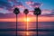Tropical Beach palms sunset sky. Generate Ai
