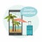 Tropical beach with palms, umbrella on phone and travel suitcase. Summer vacation. Online booking concept