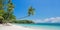 Tropical beach panorama with a leaning palm tree, Bintan island near Singapore Indonesia