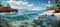 Tropical beach panorama. Seascape with palm trees and rocks. Ai generated