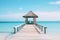 Tropical beach pier with a hut at the end minimalist ocean view. Generative AI