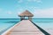 Tropical beach pier with a hut at the end minimalist ocean view. Generative AI