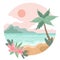 Tropical beach scene with palm tree and flowers, hand drawn colorful trendy vector illustration