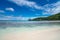 Tropical beach with sea and palm . Beach and sea photo. Romantic beach aerial view. Seychelles