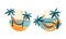 Tropical beach set. Idyllic scenes of seaside with palm trees and hammock in circle vector illustration