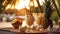 a tropical beach setting with a table adorned with beautifully garnished pina colada glasses, AI Generated