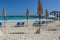 Tropical beach with sunbeds at the pier at Playa Caracol, Boulevard Kukulcan, Hotel Zone, Cancun