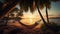 A tropical beach at sunset with a hammock under a palm tree. Generative AI