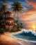 Tropical beach sunset with house and palm trees