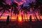 Tropical Beach Sunset with Palm Trees and Surfboards