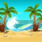 Tropical beach. Surfboard. Vector cartoon close-up illustration.