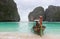 Tropical beach, traditional long tail boat, famous Maya Bay, Krabbi, in Thailand