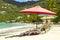Tropical beach with umbrellas, Cane Garden Bay, Tortola, Caribbean