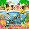 Tropical beach and the underwater world of the ocean. Children and fish swim near the coral reefs and play on the shore.
