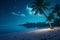 tropical beach view with white sand, turquoise water and palm tree at night, neural network generated photorealistic