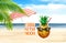 Tropical   beach white  sand blue sea water  sky white clouds  sunshine palm tree branch   summer umbrella  sunglass , cup of coff