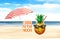 Tropical   beach white  sand blue sea water  sky white clouds  sunshine palm tree branch   summer umbrella  sunglass , cup of coff