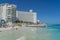 Tropical beach with wooden pier at Playa Caracol, Boulevard Kukulcan, Hotel Zone, Cancun, Mexico