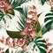 Tropical beautiful flowers pretty pattern. Seamless cute orchids and tropical palm leaves background.