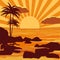 Tropical beautiful sunset, landscape, palms, sea, stones, vector, cartoon style, illustration isolated