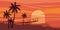 Tropical beautiful sunset, landscape, palms, sea, vector, cartoon style, illustration isolated