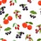 Tropical berry seamless pattern. Acerola, maqui berry, acai, goji and green leaves isolated