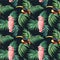 Tropical bird, toucan and parrot, green palm leaves watercolor illustration, botanical painting, seamless pattern design