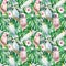 Tropical birds, cockatoo parrot, exotic plants, leaves and orchid, hibiscus flowers, seamless pattern, palm background