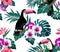 Tropical birds, orchids and palm leaves seamless background.