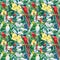 Tropical birds parrot, exotic plants jungle, leaves and orchid flowers, seamless pattern, palm background