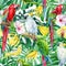 Tropical birds parrot, exotic plants jungle, leaves and orchid, hibiscus flowers, seamless pattern, palm background