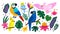 Tropical birds and plants. Caribbean wildlife. Rainforest exotic flower and leaves. Jungle animals. Bright parrots on