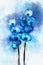 Tropical blue Orchid plant with blue flowers and green leaves. Watercolor drawing. Floral illustration