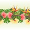 Tropical border seamless background Bouquet with tropical flowers pink and yellow hibiscus and Strelitzia palm,philodendron and fi