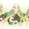 Tropical border seamless background Yellow cockatiel cute tropical birds funny parrots and white hibiscus watercolor style vintag