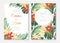 Tropical botanical garden wedding invitation card template. Exotic tropical green palm tree monstera leaves lily flowers