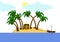 Tropical bounty island with palm trees and coconuts isolated on white background. Beach and sea, ocean. Boat, ship. Pirate