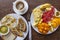 Tropical breakfast of fruit, coffee and scrambled eggs and banana pancake