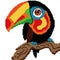 Tropical bright toucan bird on a branch. Pixel art style. Wild South American animal on a white isolated background