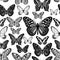 Tropical butterflies. Black and white seamless pattern