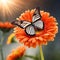 Tropical butterfly on bright orange gerbera flowers illustration.