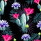 Tropical Cactus Floral Print with Palm Leaves in a Bold and Contrasting Palette