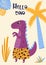 Tropical card with a cute cartoon dinosaur in beach shorts. Vector illustration.