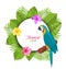 Tropical Card with Parrot Ara, Colorful Hibiscus Flowers