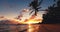 Tropical caribbean palm trees on exotic island at sunrise. Color sunset with cloudscape over wild beach shore