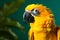 Tropical charm parrot in profile on a sunlit yellow background