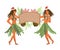 Tropical Christmas Card with Hawaiian dancers and banner, flat vector isolated.