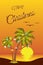 Tropical Christmas summer beach and palm tree with a garland on a background of a sea and red sunset. Reflection of a sun in a