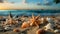 Tropical climate with coastline, seashell, starfish, sunset, relaxation, waters edge, tranquil scene, sunrise, aquatic