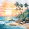 Tropical Coast Watercolor Painting: Sunset Beach With Palm Trees